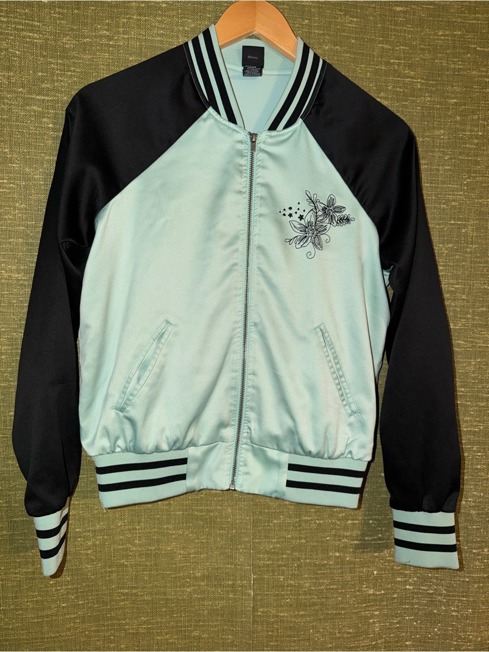 Disney Mint Green and Black Satin Varsity Jacket with Floral Chest Embroidery